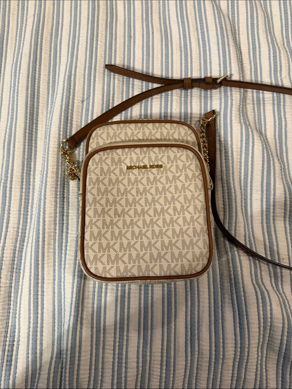 MICHAEL KORS Cream Logo Crossbody with Brown Trim & Gold Accents